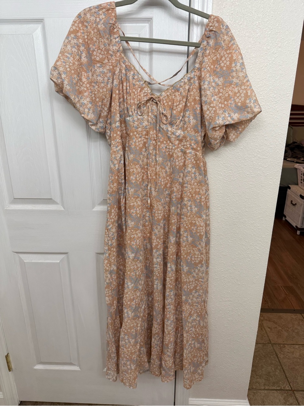 Tan Floral Maxi Dress with Puff Sleeves